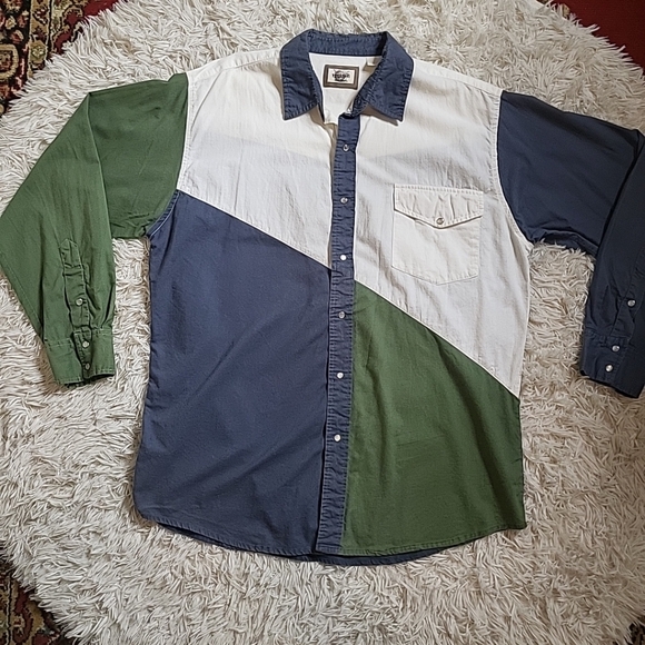 Vintage Western Plains Snap Button Shirt Front Long Sleeve Shirt Blue Green - Picture 2 of 16